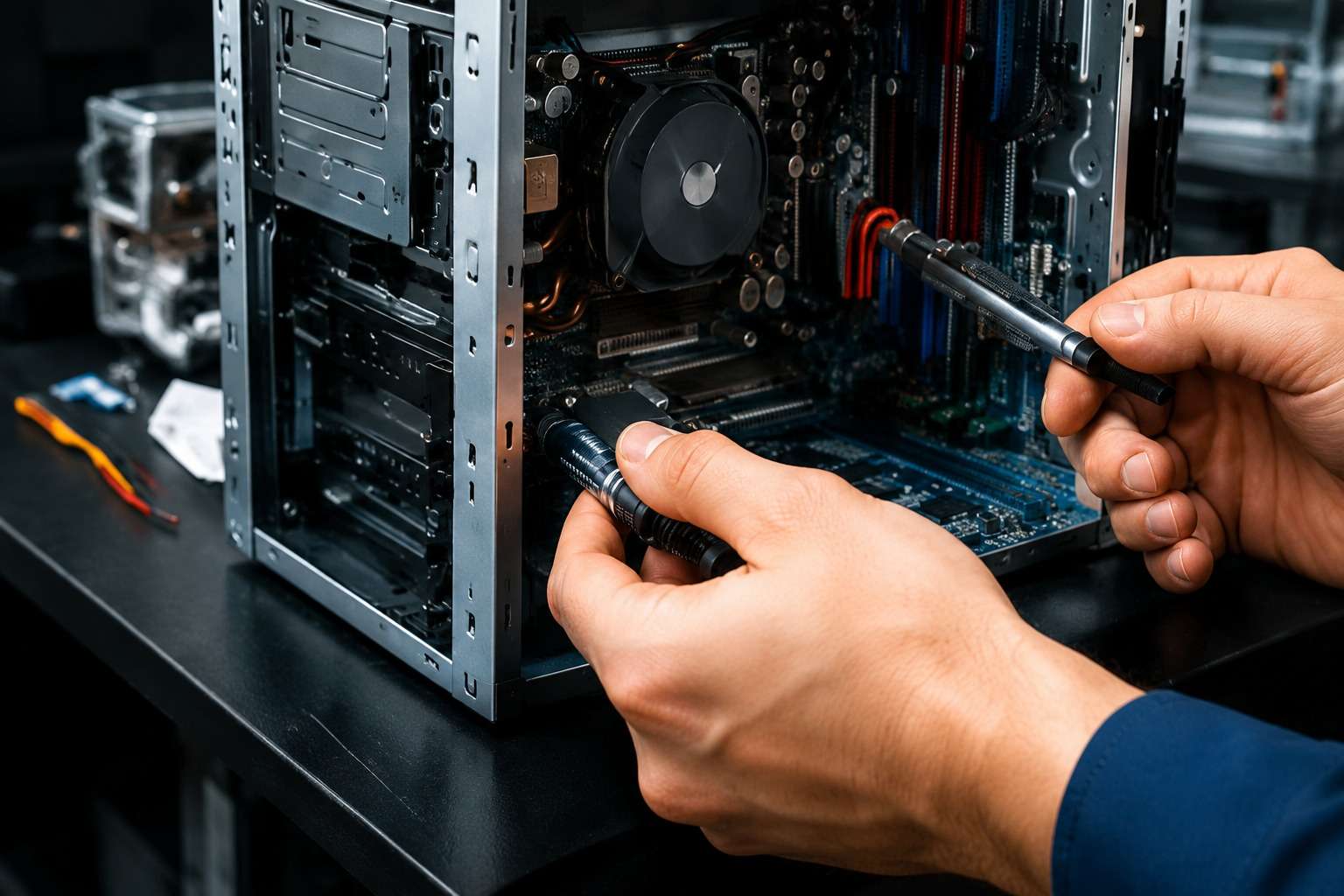 Engineer servicing computer hardware